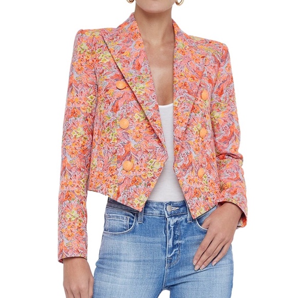 L'AGENCE Lila Orange Paisley Cropped Blazer Open Front Floral Size 4 w/ Tags